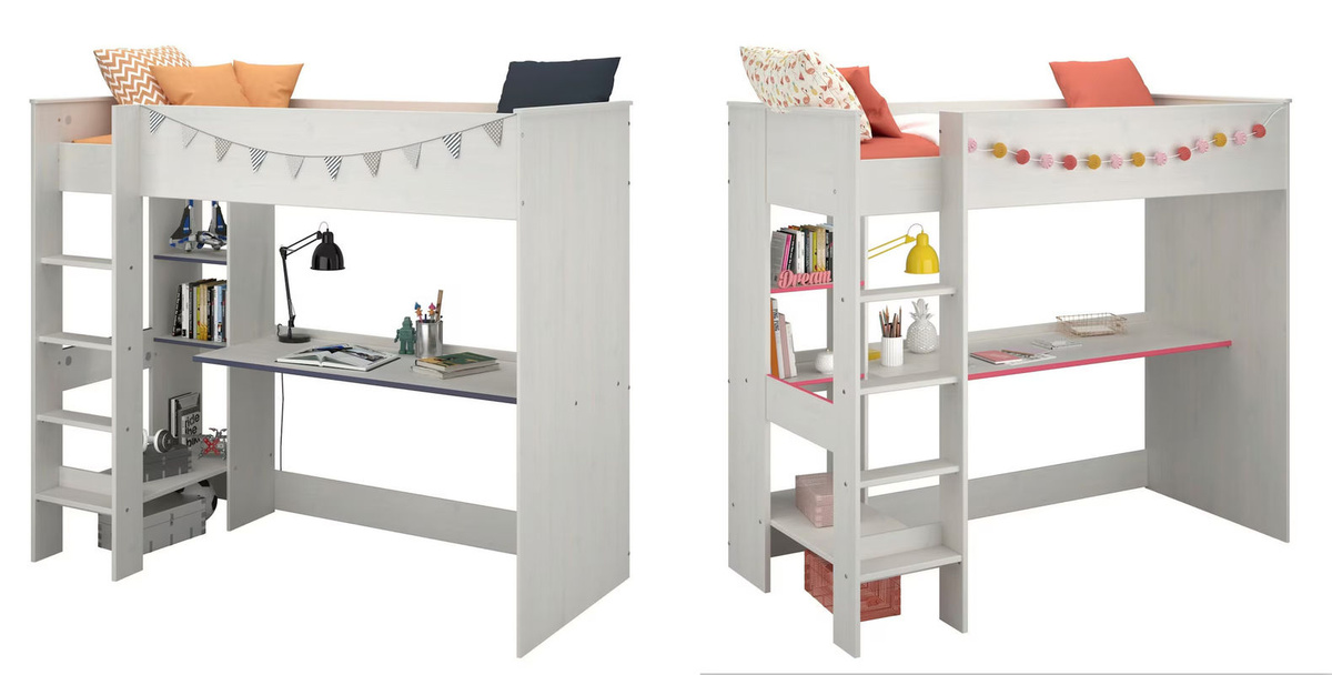 Parisot Hochbett Smoozy mit Schreibtisch für Kinder in Weiß, B/T/H: 90 x 200 x 206 cm - Bild 2