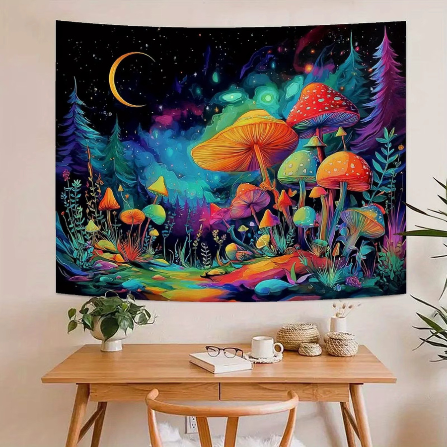 VIKAMA Pilz-Wandteppich im Bohemian-Stil mit floralem Design und Mond-Motiv, Mehrfarbig, Textil-Wanddekoration zum Aufhängen - Bild 2