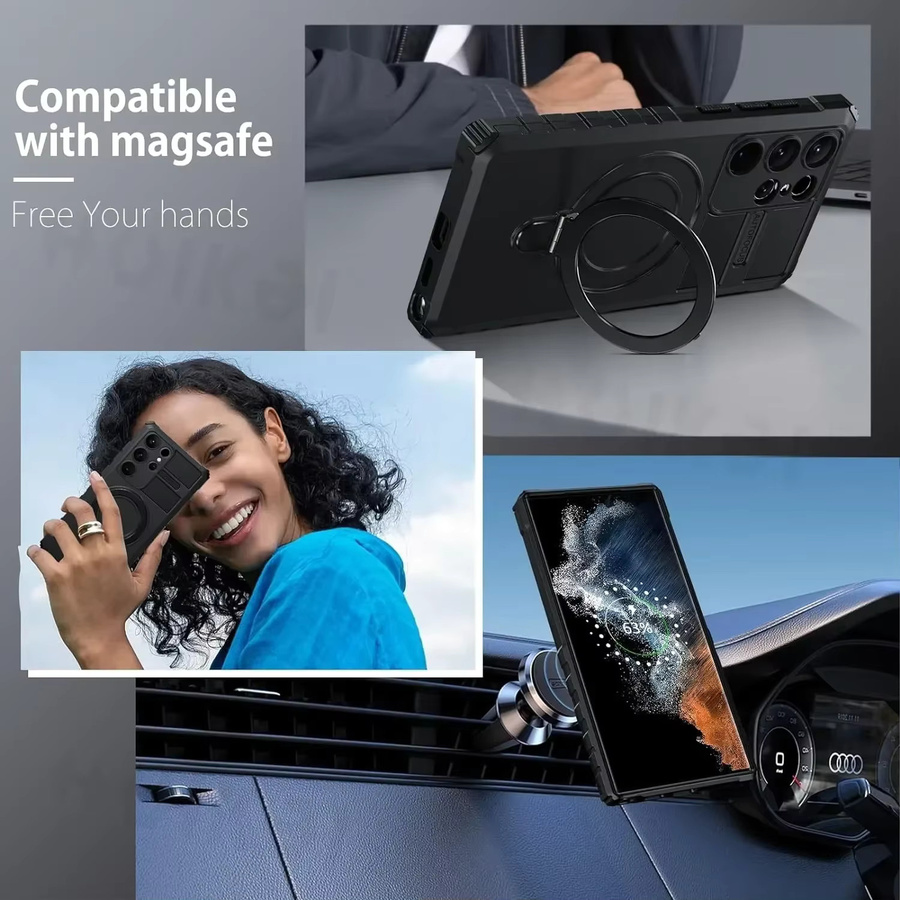Magnetische MagSafe Handyhülle für Samsung Galaxy S26 S25 S24 S23 S22 S21 Ultra mit Ringhalter und Standfunktion in Schwarz und Grün - Bild 4