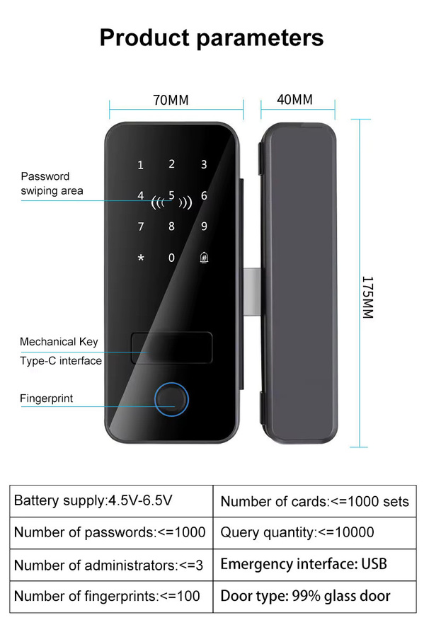 LUCKING DOOR Biometrisches Glastür-Fingerabdruckschloss in Schwarz mit Tuya App-Unterstützung, Bluetooth, IC RFID und Fernbedienung zur Entriegelung - Bild 5
