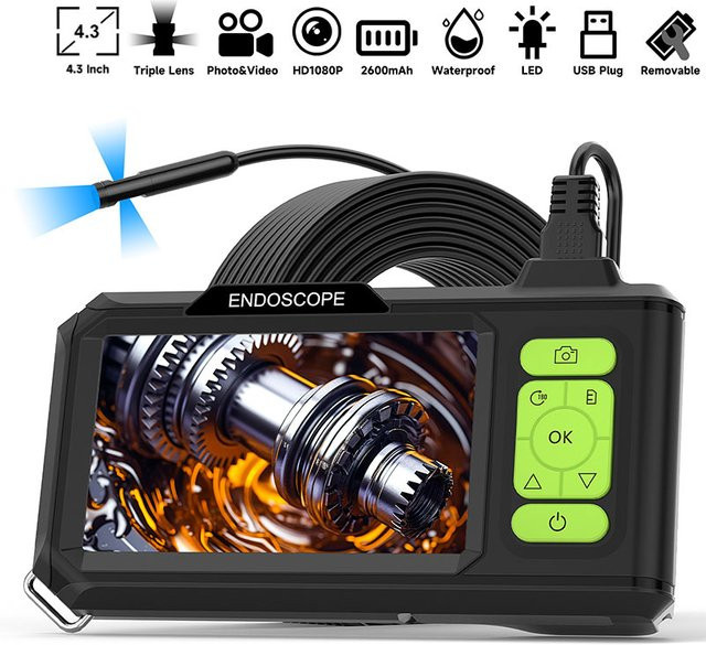 ENWOR Industrie Endoskop mit 4,3 Zoll IPS Bildschirm, HD1080P Video, Autofokus und USB-Sonde in Schwarz - Bild 1