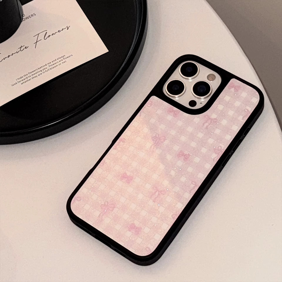 MUQGEW Handyhülle mit rosa Schleife und Gittermuster in Glitzer-Optik für iPhone 16 15 14 13 12 Pro Max, schwarzer Rahmen, Hard Cover mit Anti-Drop-Schutz - Bild 4