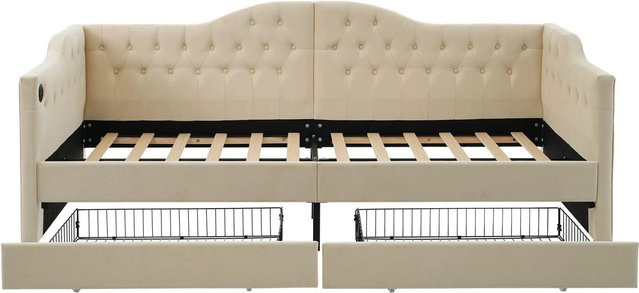 okwish Polsterbett mit Schubladen und USB-Ladeanschluss in Beige, B/T/H: 90 x 200 x 105 cm (ohne Matratze) - Bild 1