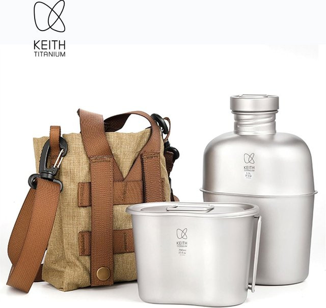 Keith Titan Feldflaschenset in Silber mit Essgeschirr, ultraleichtes Outdoor-Set für Camping und Wandern, 1100 ml und 700 ml - Bild 1