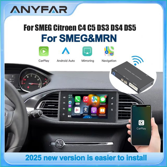 ANYFAR Drahtloses CarPlay und Android Auto Multimedia-Zubehör für Peugeot und Citroën SMEG MRN Modelle 2013–2018 in Schwarz - Bild 1