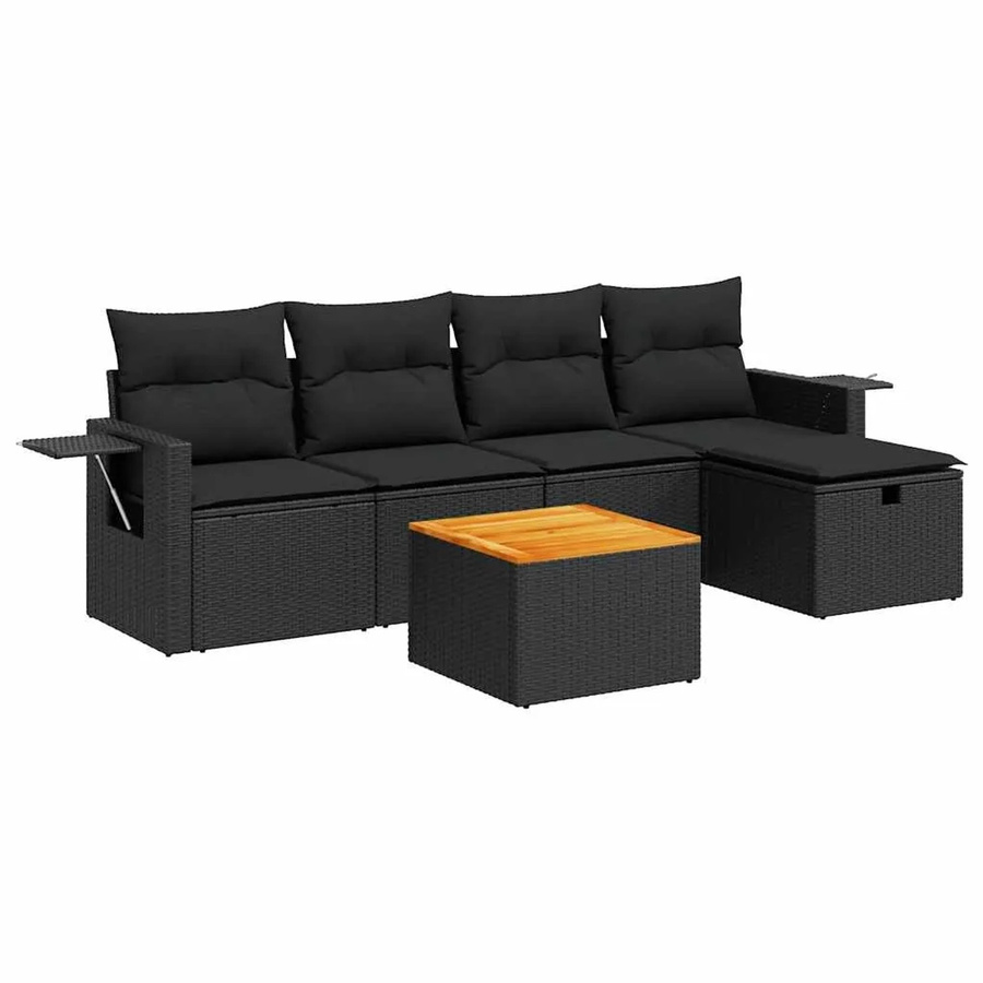 vidaXL 6-teilige Garten-Sofagarnitur aus Poly-Rattan und Akazienholz in Schwarz mit Kissen - Bild 2