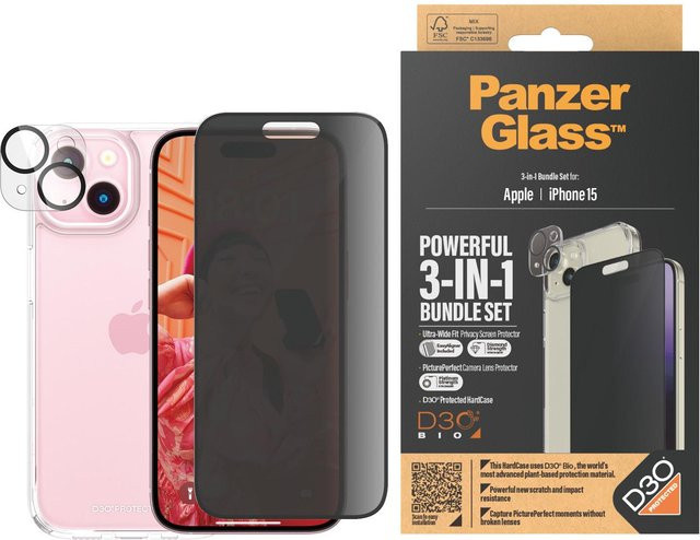 PanzerGlass 3-in-1 Privacy Pack Displayschutz für iPhone 15 in Schwarz und Transparent - Bild 1