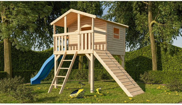 Karibu Stelzenhaus Benjamin Set in Natur mit Holzrampe und Rutsche, Farbe Blau, B/H/T: 198 x 309 x 244 cm - Bild 1