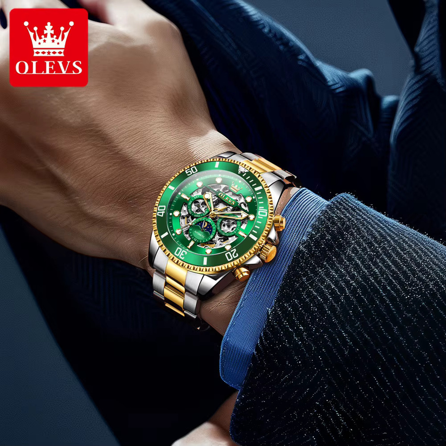OLEVS Armbanduhr Automatik, Edelstahl, Gold, Mondphase, Herren - Bild 4