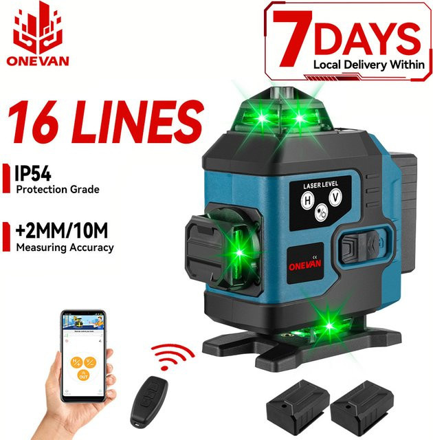 ONEVAN 4D-Laser-Wasserwaage mit 16 Linien und grünem Laserstrahl, selbstnivellierend, horizontal und vertikal - Bild 1