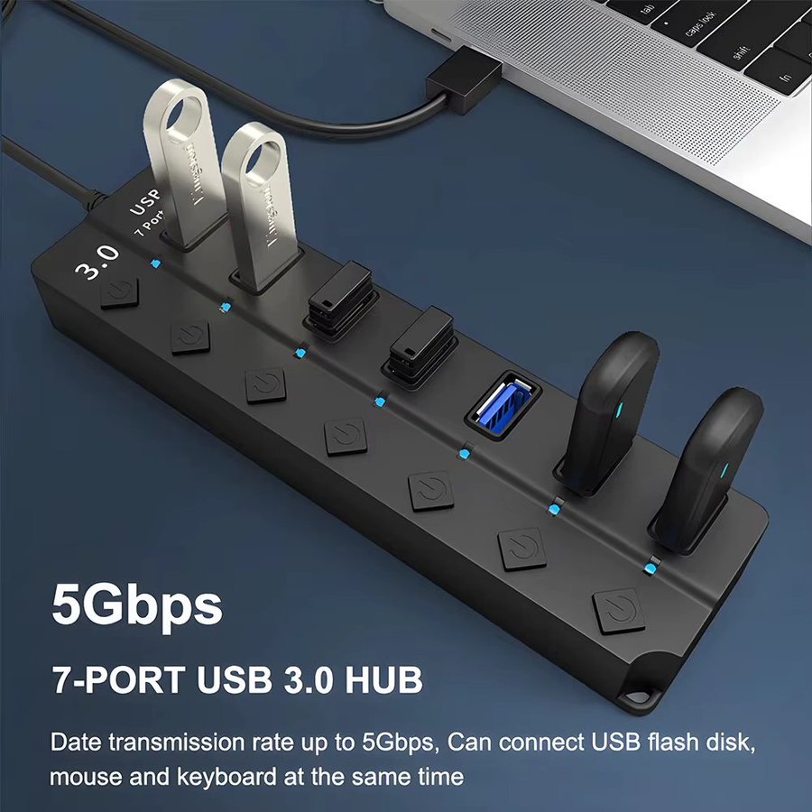 DBIT 7-in-1 USB Hub 3.0/2.0 Splitter mit unabhängigem Switch, USB-Adapter für Desktop und Laptop, Schwarz, 30 cm Kabel - Bild 2