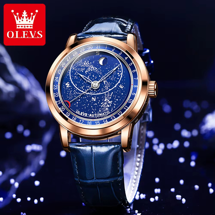 OLEVS Armbanduhr Automatik, Edelstahl, Leder, Blau, Mondphase, Kompass, Herren - Bild 2