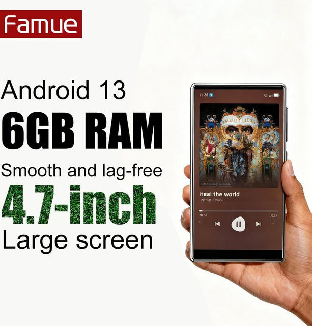 Famue Android 13 MP3-Player mit 4,7 Zoll Bildschirm, 64GB Speicher, 6GB RAM, Octa-Core, Bluetooth 5.0 und HIFI-Sound in Schwarz - Bild 1