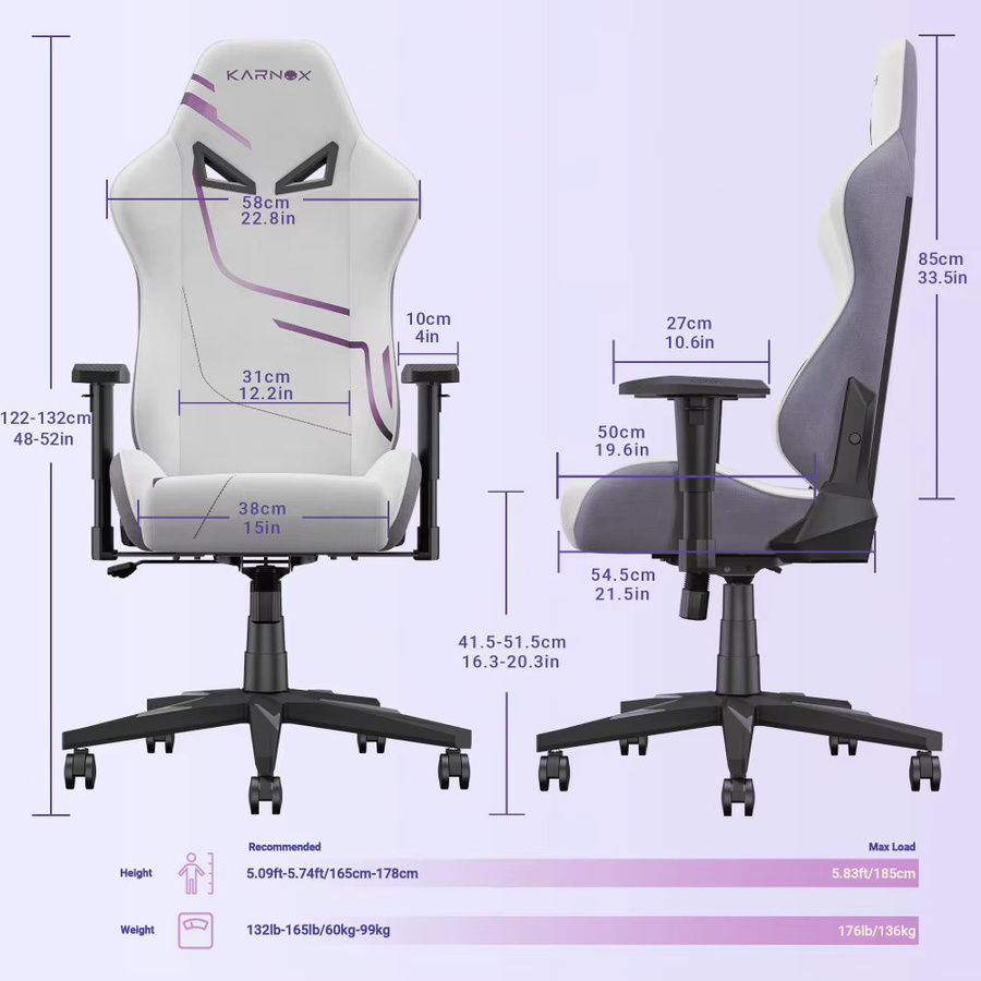 KORNOX Ergonomischer Gaming-Stuhl aus Stoff in Weiß und Lila mit Kopfstütze und Lendenwirbelstütze für Erwachsene und Jugendliche - Bild 3