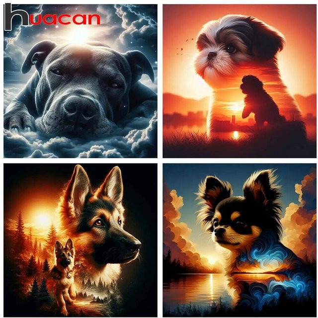 Huacan Diamant-Gemälde Hund in Tierlandschaft als rundes Diamant-Mosaik in Multicolour zur Wanddekoration - Bild 1