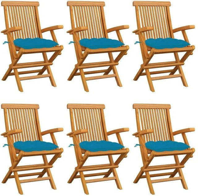 vidaXL Gartenstuhl-Set aus Teak-Massivholz mit hellblauen Kissen, 6 Stück, Braun - Bild 1
