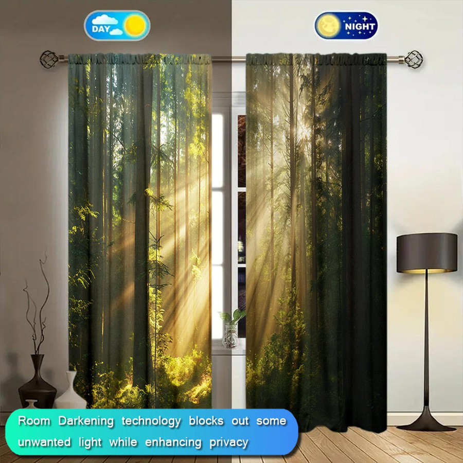 2er-Set halbtransparente Vorhänge mit Waldmotiv und Sonnenlicht von Household supplies MH, Mehrfarbig, B: 52,5 cm, H: 116 cm - Bild 3