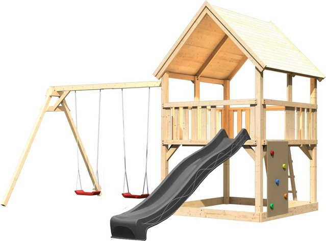 Karibu Spielturm Luis aus Massivholz mit Rutsche, Doppelschaukel und Kletterwand in Natur-Anthrazit - Bild 1