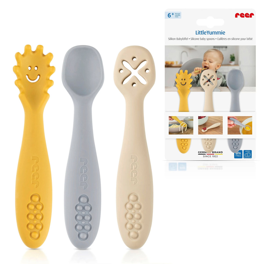 Reer LittleYummie Silikon-Löffel für Kinder, 3er-Pack, Mehrfarbig (Gelb, Grau, Multicolour) - Bild 1