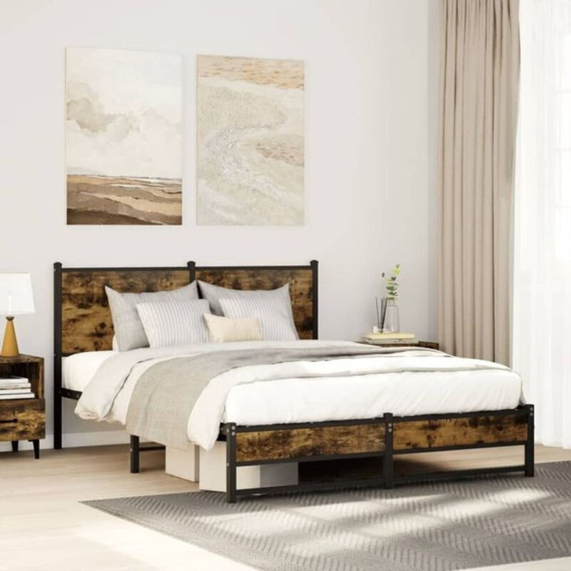 Metallbett Vidaxl in Räuchereiche Braun im Industrial Design aus Stahl, B/T: 137 x 190 cm - Bild 1