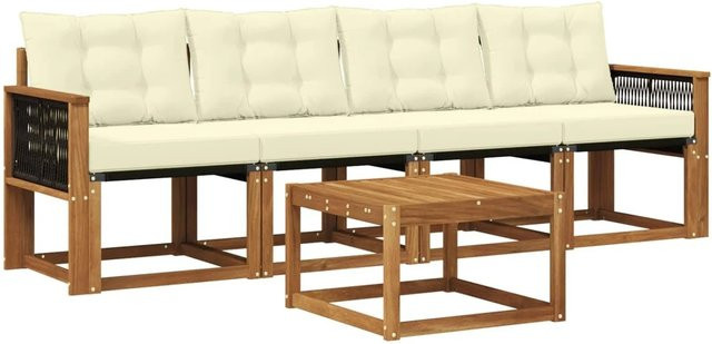 vidaXL Outdoor-Sofagarnitur aus Akazienholz mit 3-Sitzer-Sofa, Couchtisch und Kissen in Beige und Weiß - Bild 1