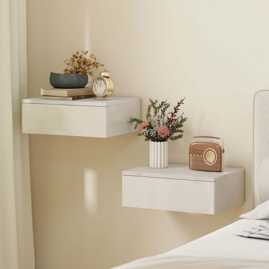HOMCOM 2er Set Nachttisch hängend, schwebender Nachtschrank mit Schublade in Weiß Hochglanz, modern für Schlafzimmer und Wohnzimmer, B/T/H: 40 x 30 x 14 cm - Bild 2