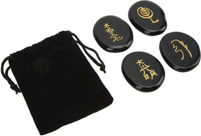 4 Stück Reiki-Symbolsteine aus schwarzem Obsidian mit glatter Oberfläche für Meditation und Heimdekoration - Bild 1