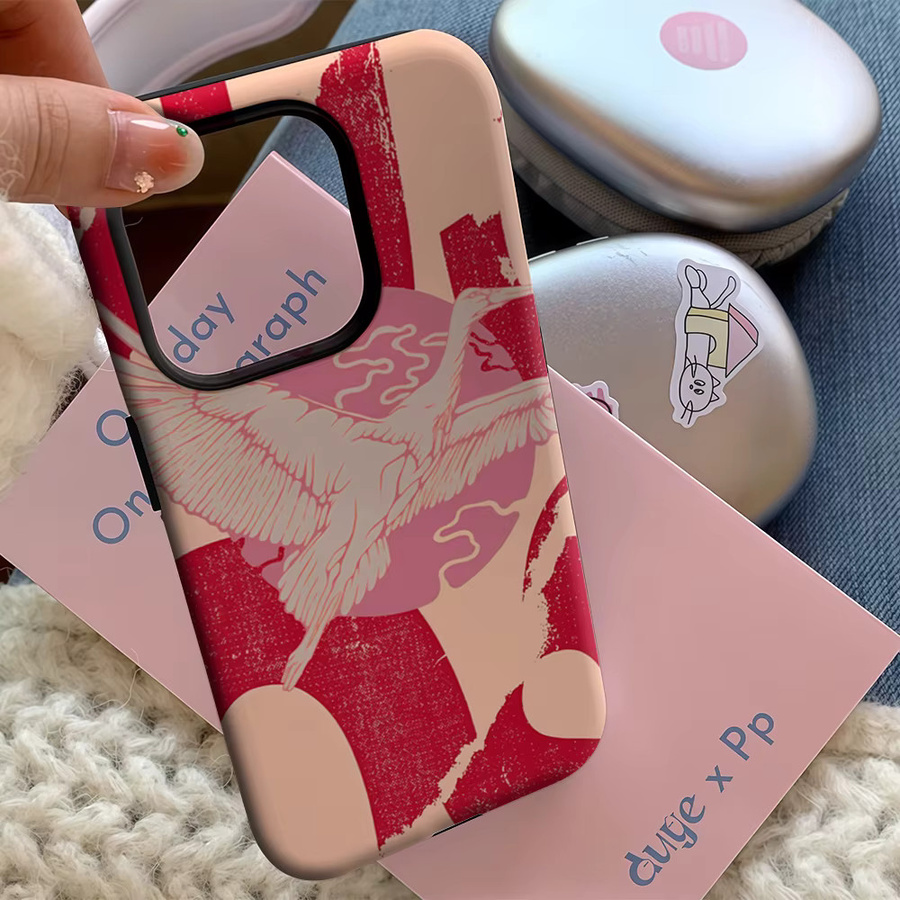 Handyhülle mit Kranich-Motiv in Rot und Pink für Apple iPhone 11 bis iPhone 17 Pro Max Plus, doppelschichtige Rückabdeckung - Bild 4