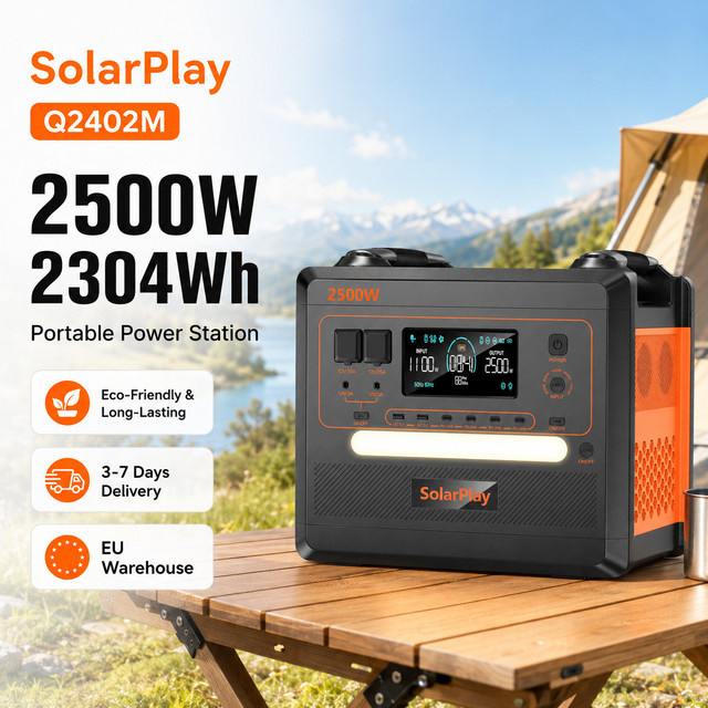Tragbare Powerstation SolarPlay Q2402M Solargenerator mit 2500W, 2304Wh, LiFePO4 Akku, 1100W Schnellladung und 100W PD USB-C in Orange und Schwarz - Bild 1