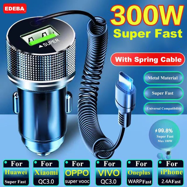 EDEBA USB-Autoladegerät aus Metall mit Typ-C-Kabel, 2-in-1 Schnellladegerät für 12 V Fahrzeuge, kompatibel mit iPhone, Samsung, Huawei, VIVO und OPPO - Bild 1