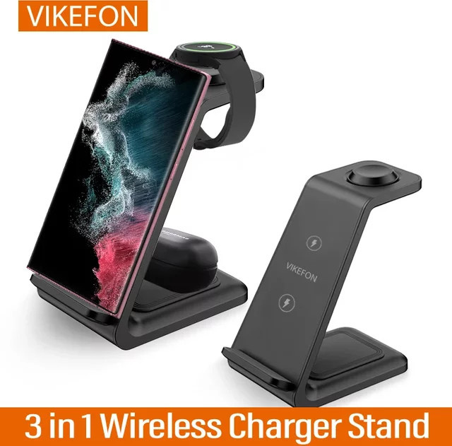 VIKEFON 3-in-1 kabelloser Ladeständer Schwarz für iPhone, Samsung Galaxy und Apple Watch sowie AirPods Pro als Schnellladestation - Bild 1
