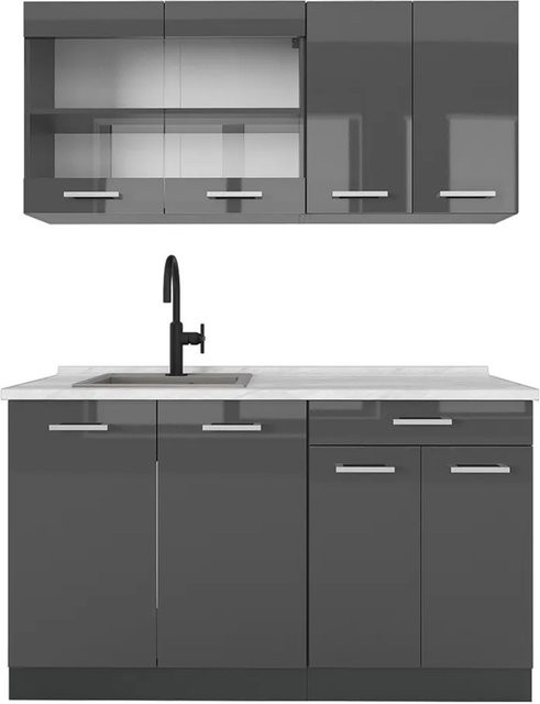 Vicco R-Line Singleküche Anthrazit Hochglanz mit Marmor-Optik, Breite: 140 cm - Bild 1