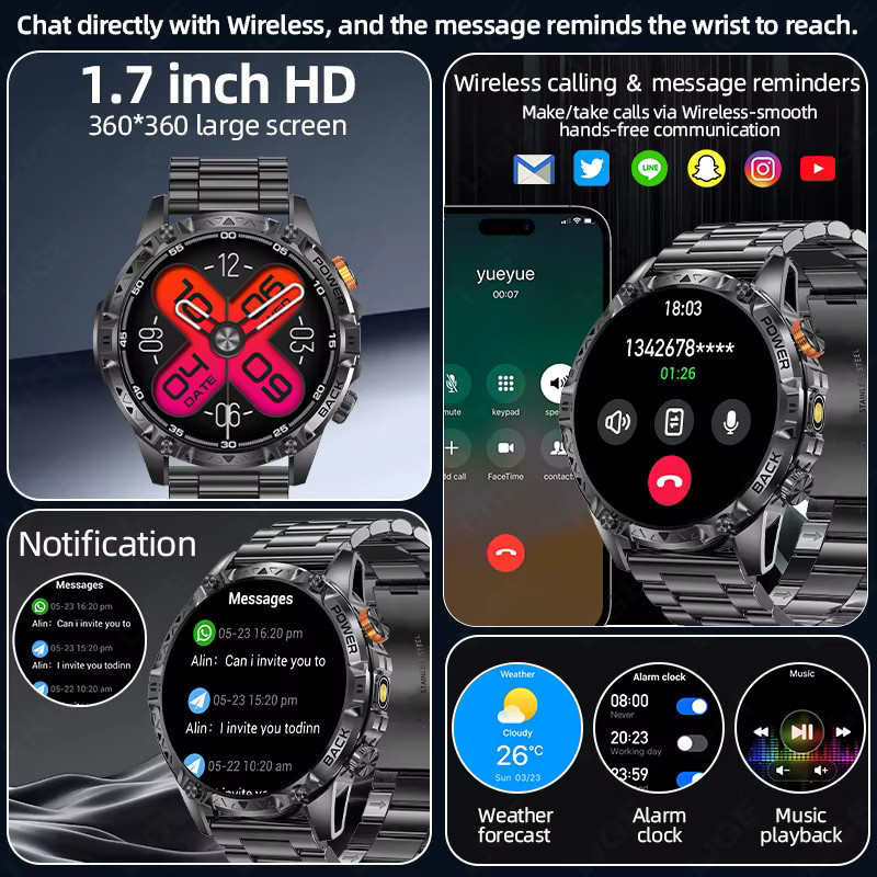 LIGE T-Rex3 Smartwatch für Herren in Schwarz mit Kompass, Bluetooth-Anruffunktion und 3ATM Wasserdichtigkeit, Outdoor-Militär-Smartwatch mit Edelstahlarmband und 1000mAh Akku - Bild 2