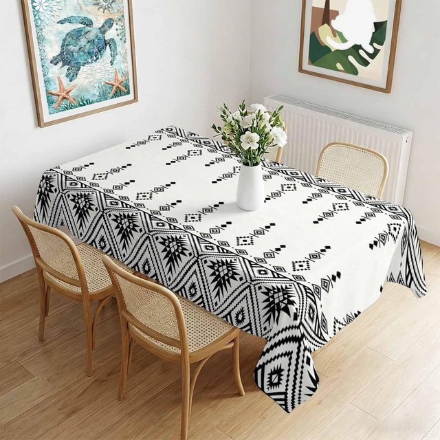 Wasserdichte rechteckige Tischdecke von JINGYUE Pet im Boho Ethnischer Stil mit geometrischem Muster in Schwarz Weiß, B: 100 cm, L: 160 cm - Bild 1
