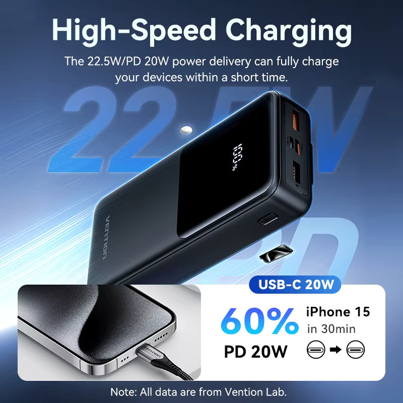Vention Powerbank 20000mAh mit 22,5W Schnellladefunktion und integrierten USB-C und Lightning Kabeln in Schwarz - Bild 3