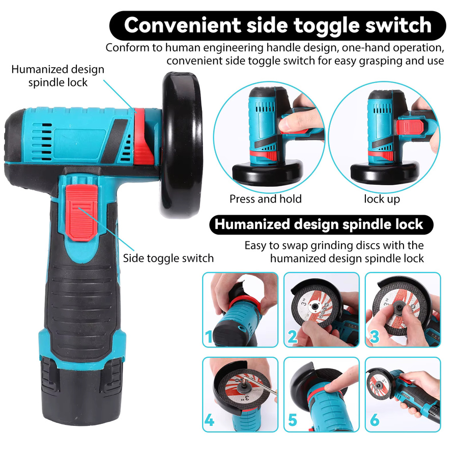 TKKEACE Mini-Winkelschleifer 12V Blau, Wiederaufladbare Elektrische Handschleifmaschine und Poliergerät mit 19500 U/min - Bild 3