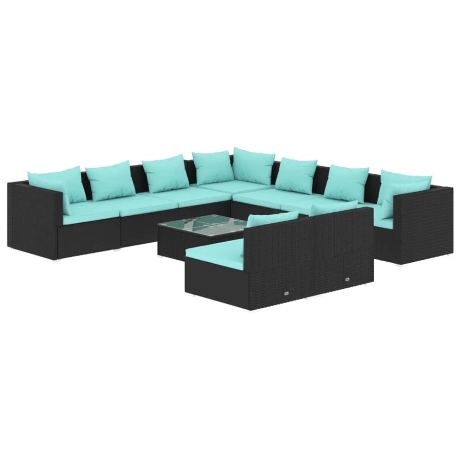 vidaXL 10-tlg. Garten-Lounge-Set in L-Form mit Kissen und Couchtisch, Schwarz und Blau, Poly-Rattan mit Metallgestell - Bild 2