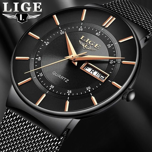 LIGE Chronograph, Herren, Edelstahl, Schwarz, Milanaise, Datum, Wochentag - Bild 1