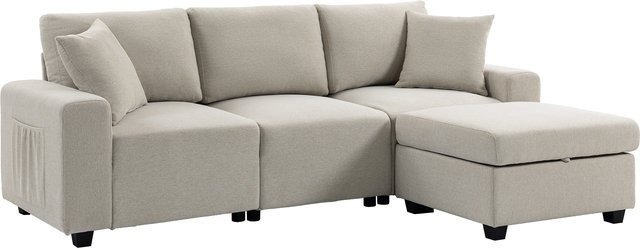 HOMCOM Ecksofa 3-Sitzer Modulares L-Sofa in Leinenoptik mit abnehmbarem Stauraum-Pouf, Beige, B/T/H: 235 x 80 x 85 cm - Bild 1