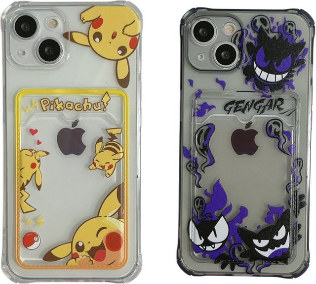 Stoßfeste Handyhülle mit Gengar und Pikachu Motiv für iPhone 11 bis iPhone 16 Pro Max Plus inklusive Kartenfach - Bild 1
