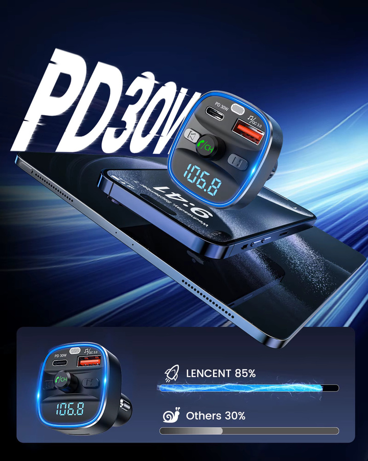 LENCENT Bluetooth 5.4 FM-Transmitter mit PD 30 W und QC 18 W Schnellladung, kabelloser Radio-Musik-Auto-Adapter in Schwarz - Bild 3