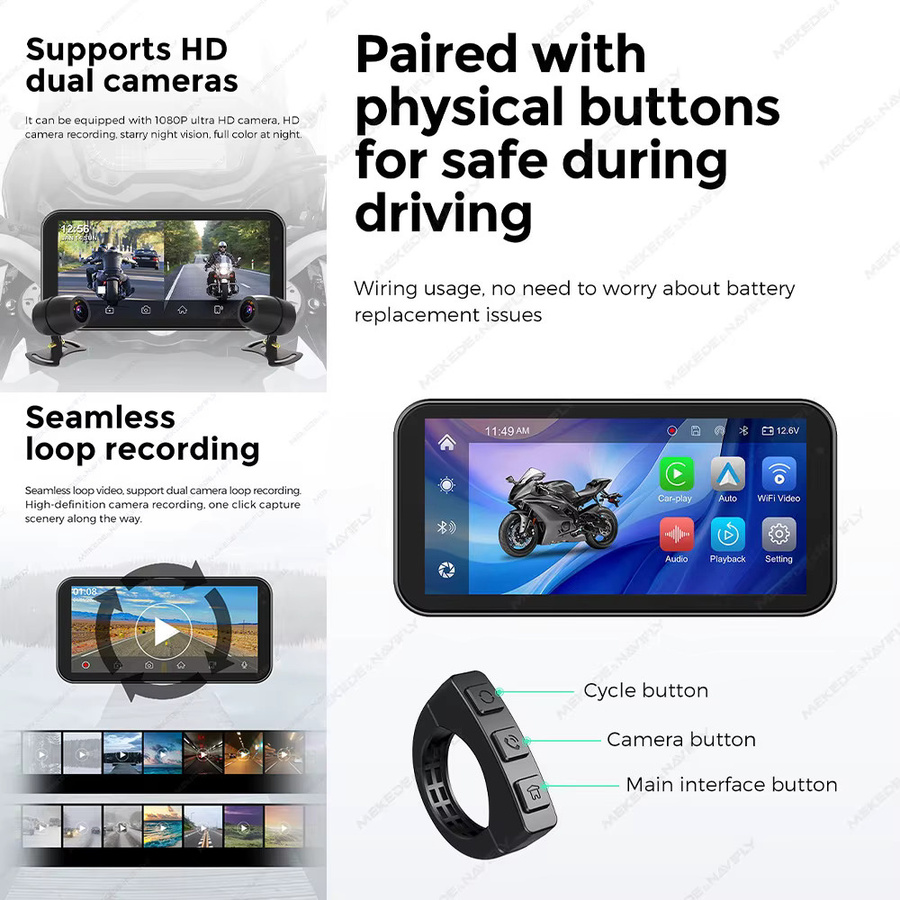 Tomostrong Tragbares Motorrad-Navigationssystem mit 6,25 Zoll Display, IP67 Wasserdicht, GPS, Wireless CarPlay und Android Auto, Schwarz - Bild 4
