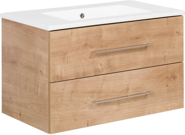 Fackelmann Badmöbel-Set B.perfekt in Ast-Eiche mit Keramik-Waschbecken, Braun, B/H/T: 82 x 50,9 x 48 cm - Bild 1