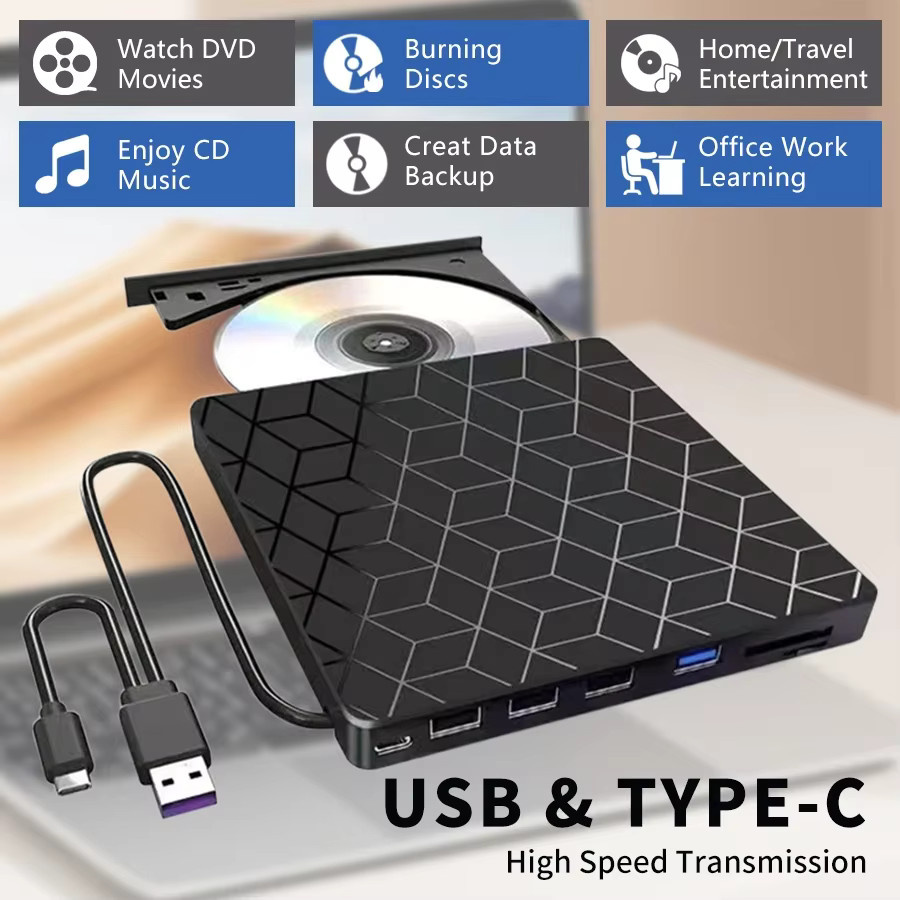 GGBEE 7-in-1 Externer DVD- und CD-Recorder mit USB 3.0 und Typ-C, Tragbares Optisches Laufwerk für Laptop und Desktop, Schwarz - Bild 2