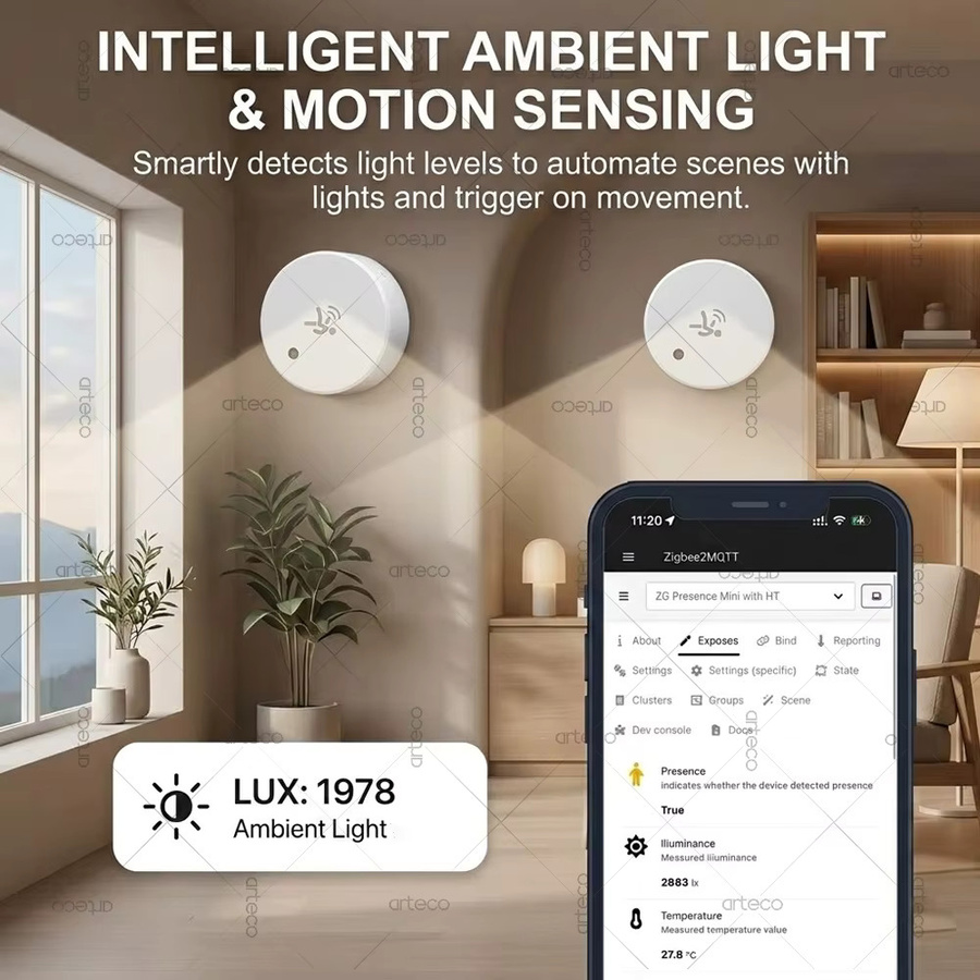 Tuya Zigbee Anwesenheitssensor mit 24GHz mmWave Radar, Temperatur- und Luftfeuchtigkeitserkennung sowie Lichterkennung, Farbe: Weiß - Bild 4