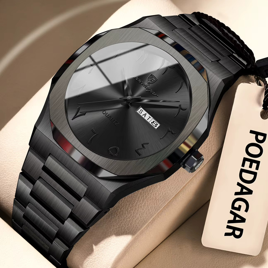 POEDAGAR Armbanduhr Quarz, Edelstahl, Schwarz, Silber, Herren - Bild 2