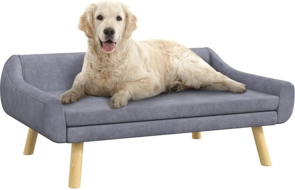 PawHut Hundesofa in Grau mit Rückenlehne, Kissen und Holzbeinen aus Kiefernholz, B/H/L: 58,5 x 102 x 42,5 cm