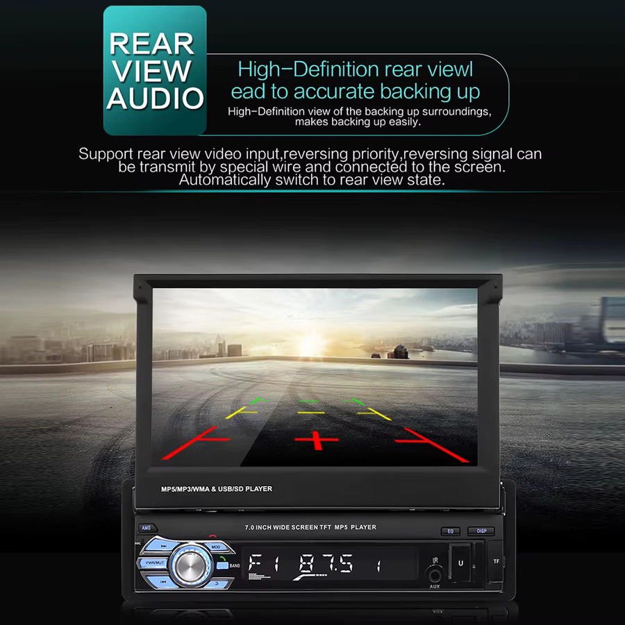 Podofo 1DIN Autoradio mit 7 Zoll ausfahrbarem Touchscreen, Bluetooth, USB und AUX in Schwarz - Bild 2