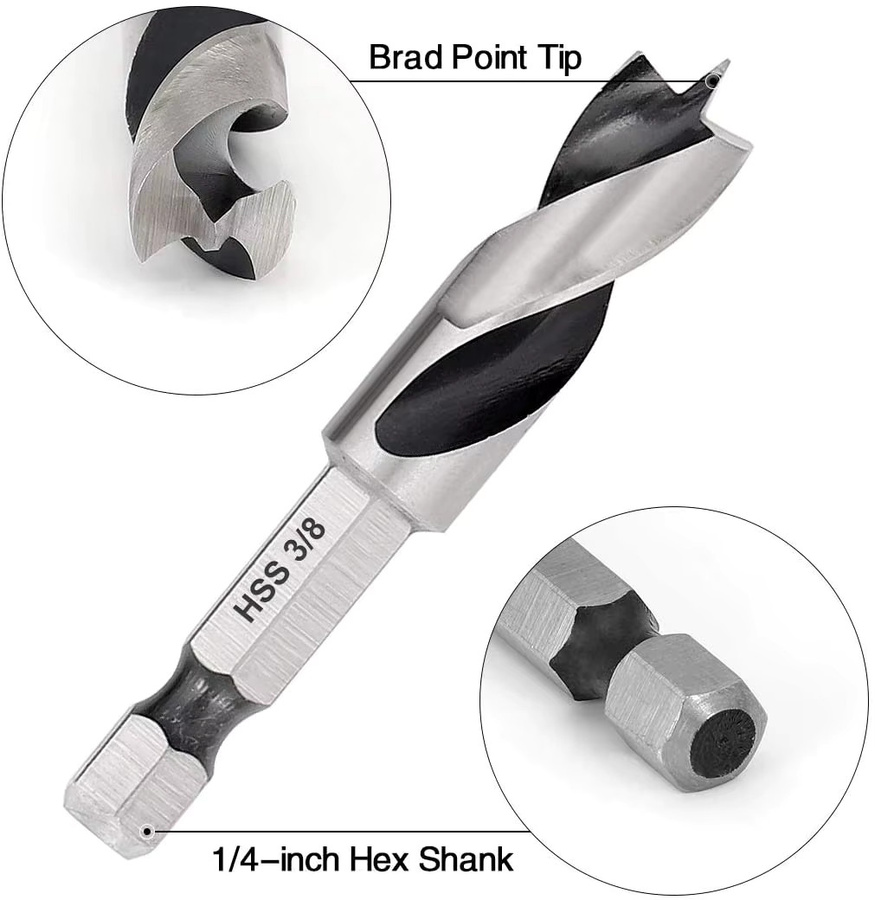 Binoax 6-teiliges HSS SAE Brad Dreipunkt-Stubby-Bohrer-Set für Holz mit 1/4-Zoll-Schnellwechsel-Sechskantschaft in Silber - Bild 3
