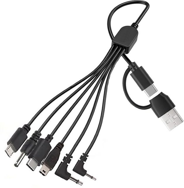 Multi-Ladekabel USB A auf USB C, Micro USB und Mini USB mit USB auf Aux DC 2,5 mm/3,5 mm Mono-Audiostecker in Schwarz - Bild 1